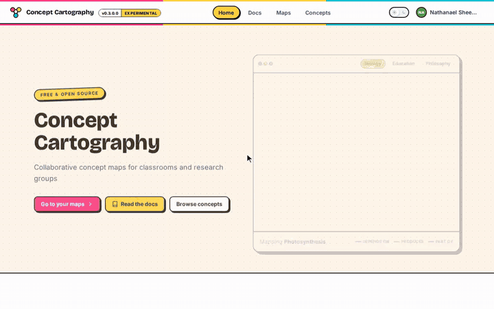 Screen recording of Concept Cartography: switching example maps, browsing the maps list, then searching and zooming the Research Data Management Principles map.