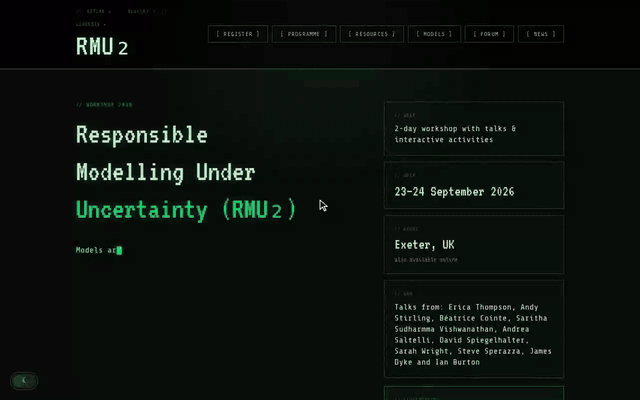Screen recording of the RMU₂ workshop site: the home page, the programme, the shared models space and the light theme.
